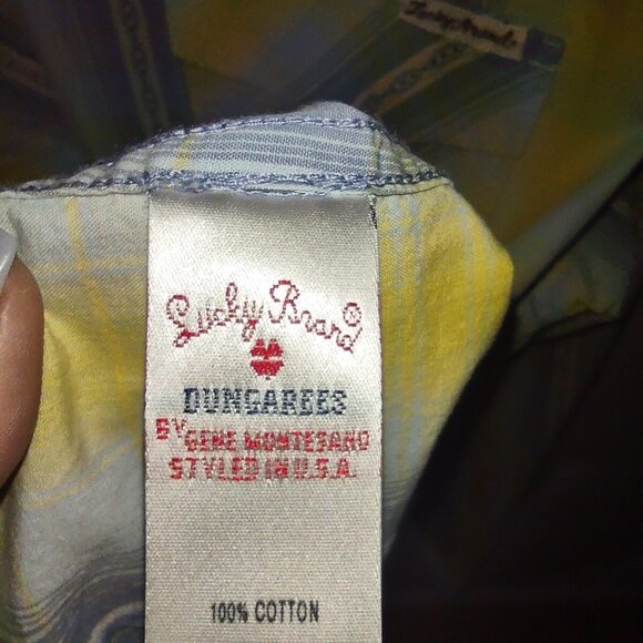 Lucky Brand Men's XXL Western Shirt Pearl Snap Long Sleeve Yellow & Blue Plaid - Picture 5 of 8